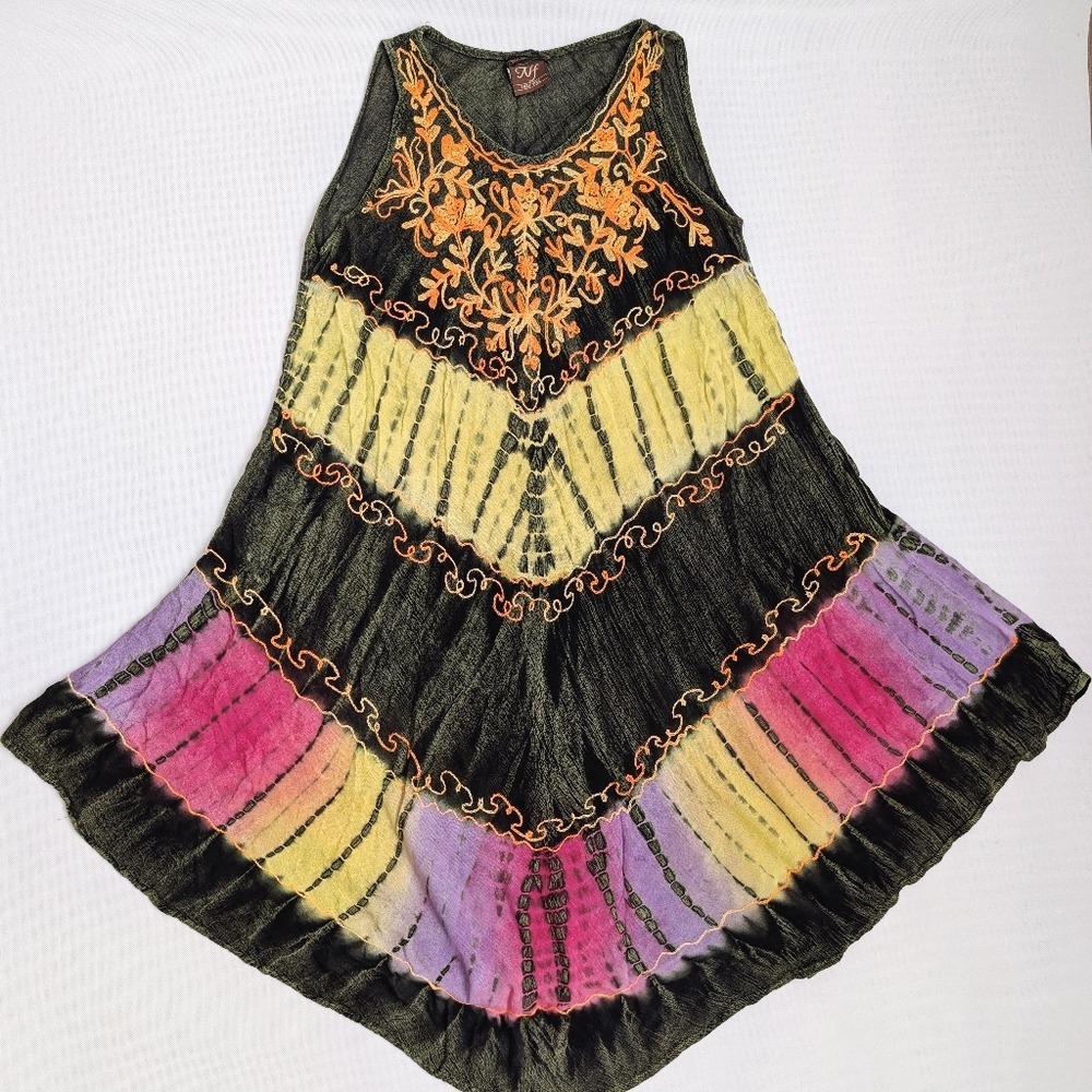 NF Vtg Woodland Fairy Grunge Green Tie-dye Embroidered Flowy Midi Dress